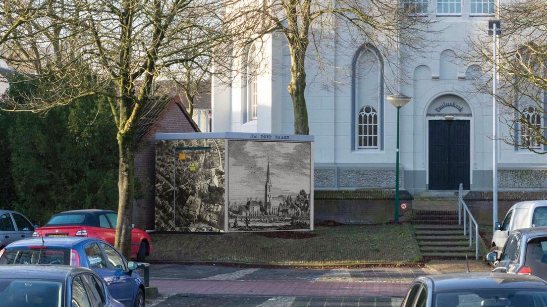 Het omstreden elektriciteitshuisje met een historische fotoprint.