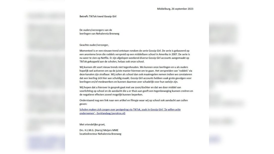 De brief aan de ouders van de leerlingen
