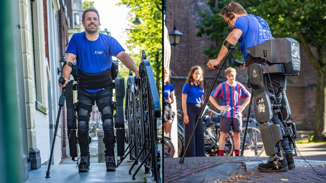 Het exoskelet kan trappen en stoeprandjes op lopen
