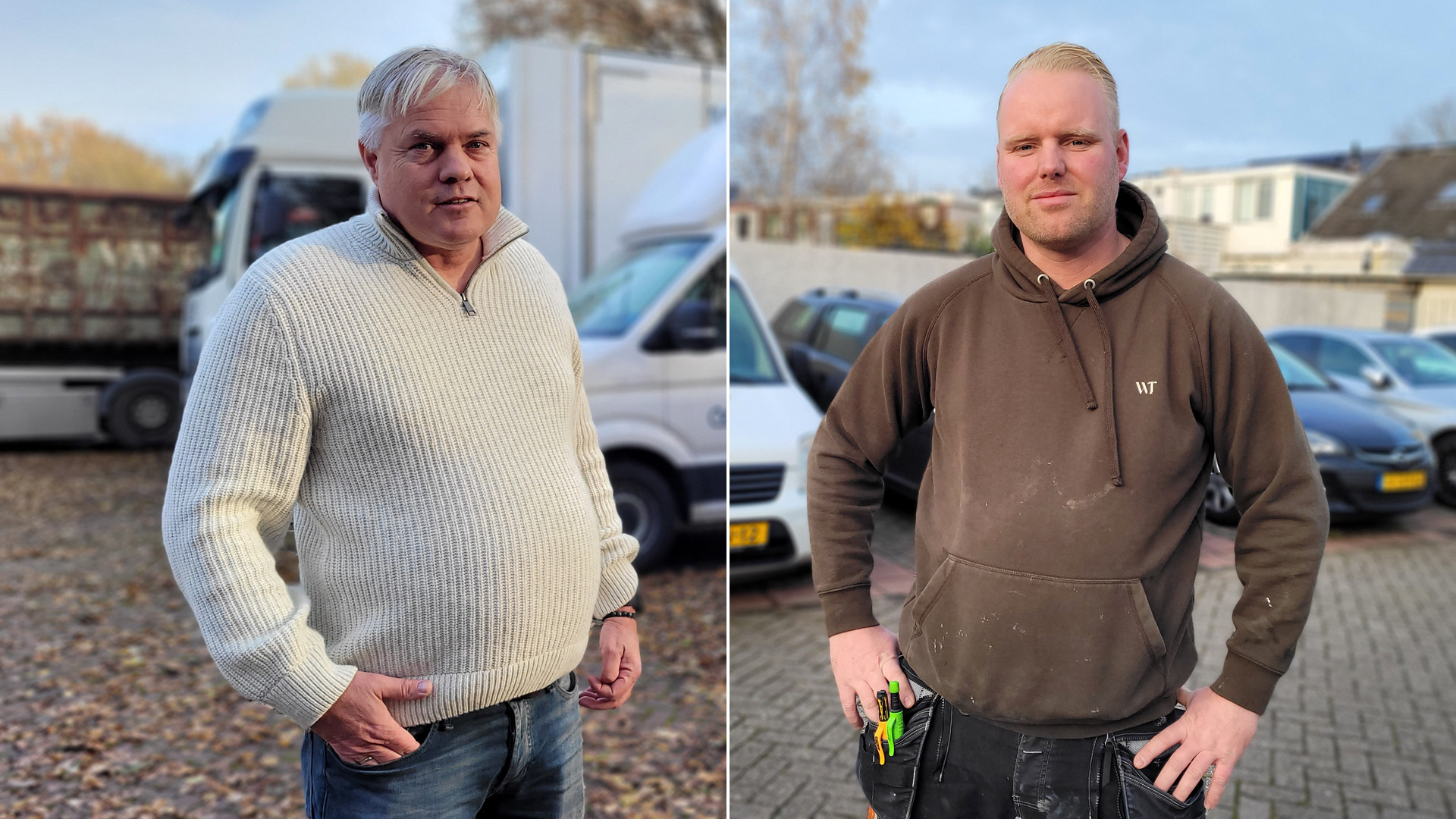 Eric Schutrup en Björn Walison bij hun 'vervuilende' bedrijfwagens