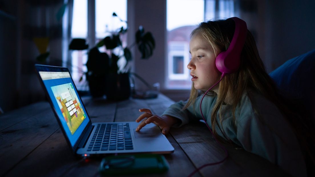Een leerling van 8 maakt taalopdrachten via internet.