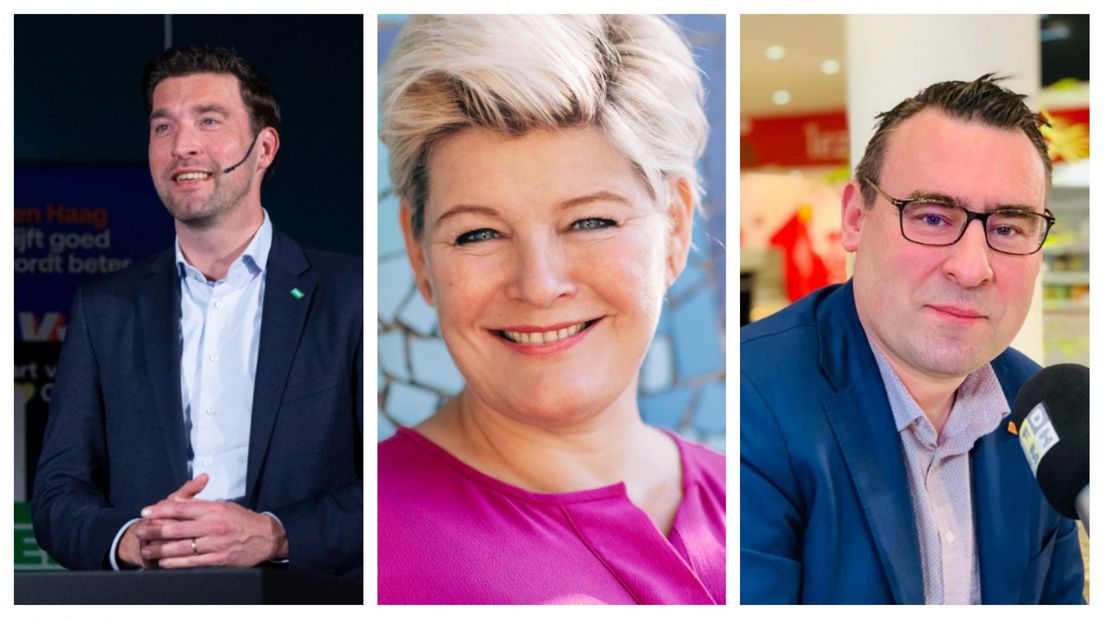 Robert van Asten (D66), Mariëlle Vavier (GroenLinks) en Richard de Mos (Hart voor Den Haag)