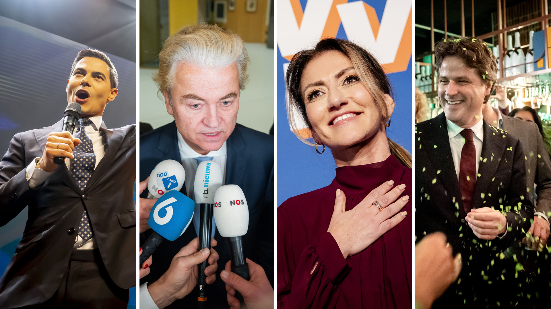 V.l.n.r.: Rob Jetten (D66), Geert Wilders (PVV), Yeşilgöz (VVD) en Henri Bontenbal (CDA) tijdens de uitslagenavond