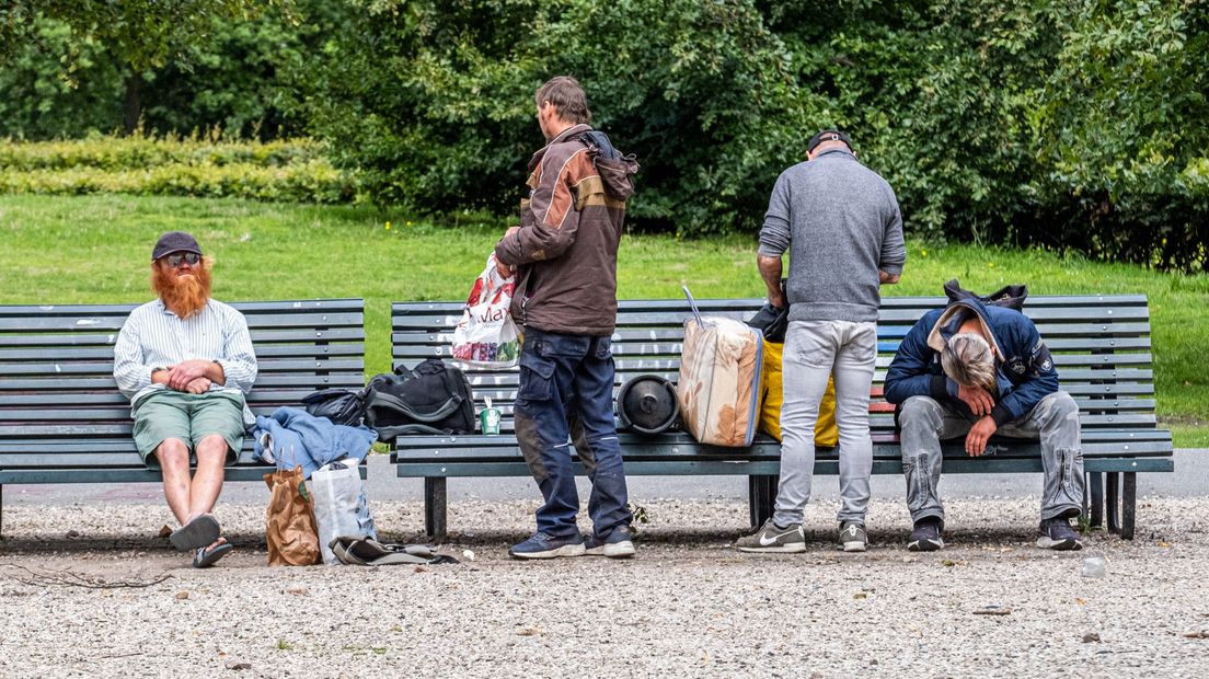 Een groep mannen zit op bankjes bij de Koekamp