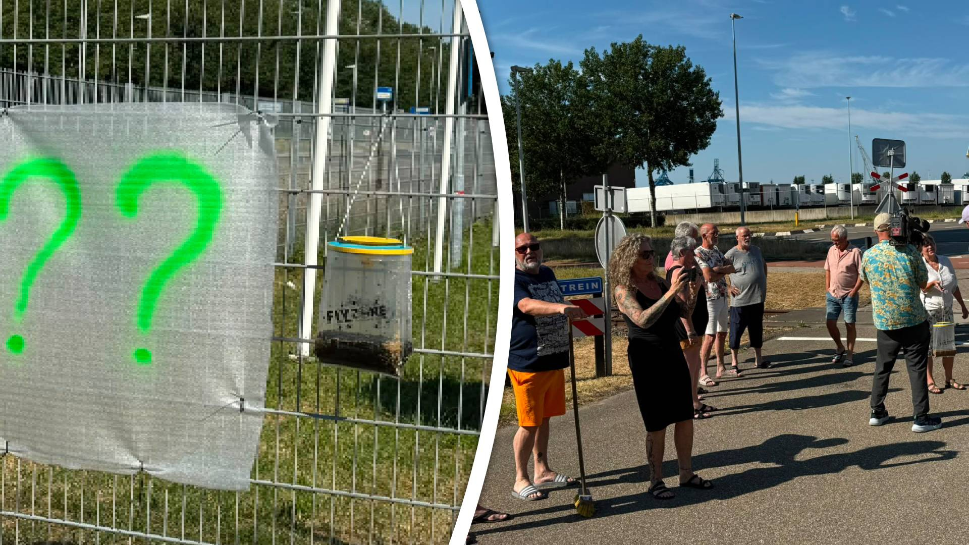 Links: een zak met dode vliegen | Rechts: bewoners die demonstreren bij de afvalverwerker