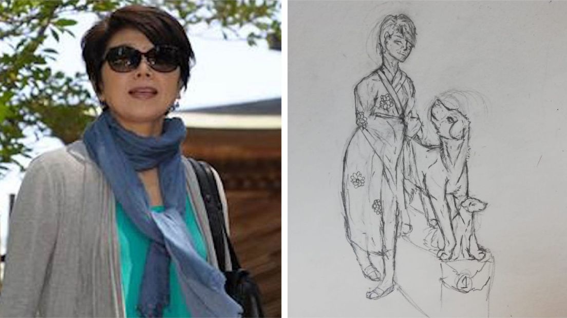 Etsuko (archieffoto) en schets van het standbeeld (afbeelding via Lotte)