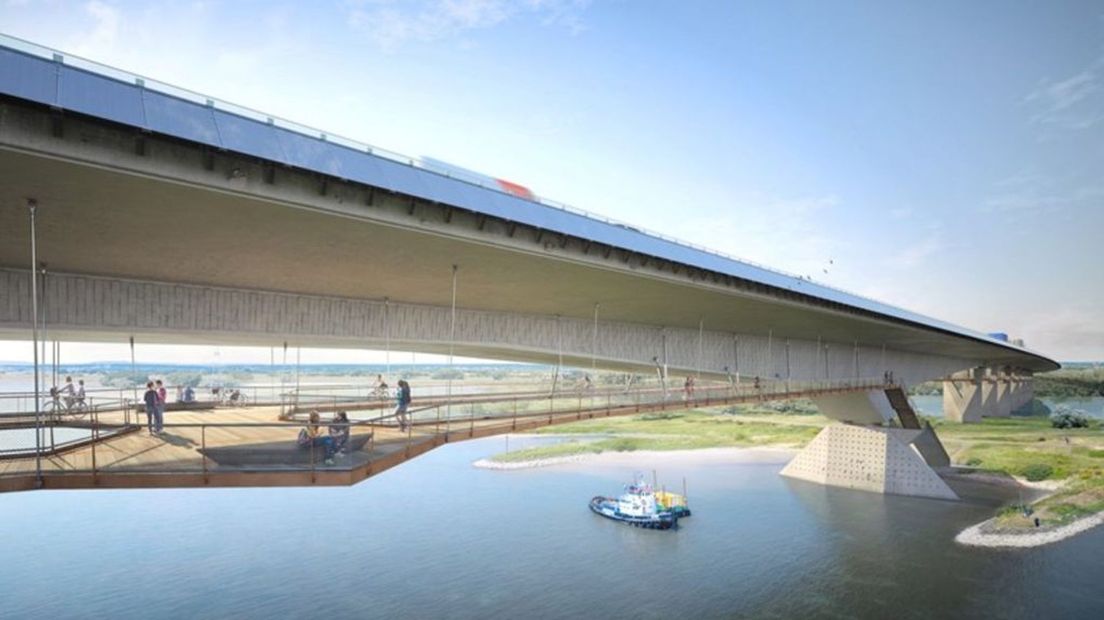 Een artist-impression van de nieuwe brug over het Pannerdensch Kanaal, onderdeel van het verlengen van de A15.