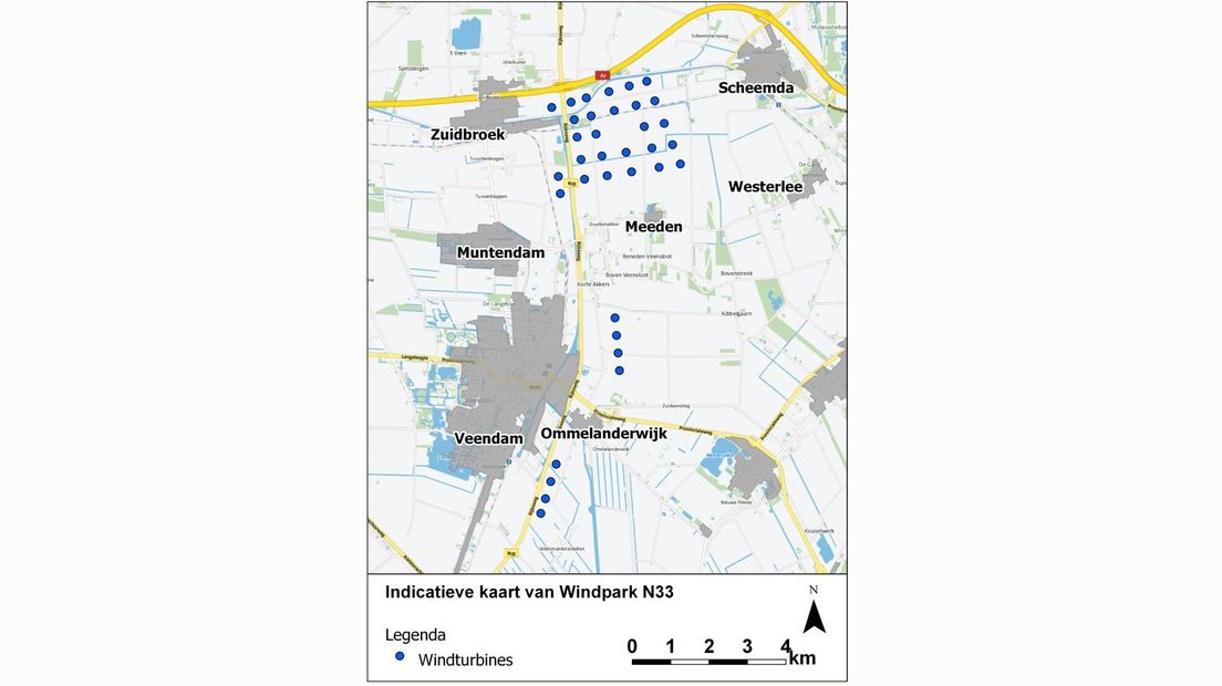 Hier komen de 35 windmolens te staan: 27 stuks bij Meeden, 8 langs de N33 bij Veendam