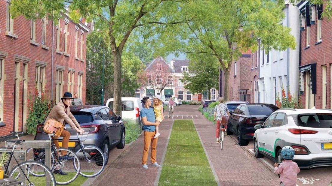Een voorstelling van een vergroende straat bij het nieuwe parkeerbeleid.