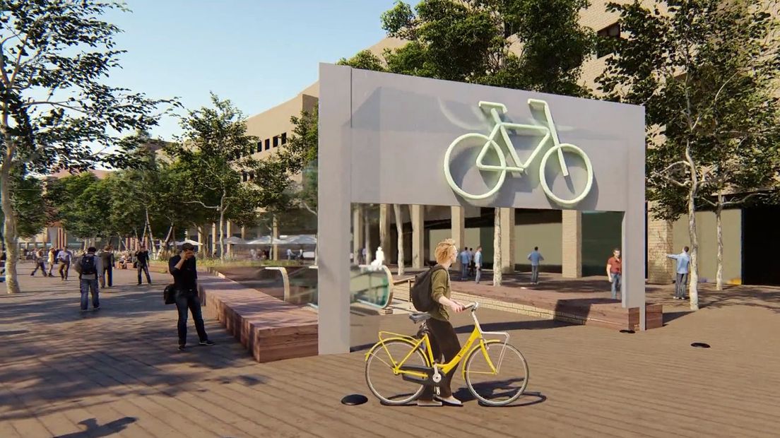 Entree van de nieuw te bouwen fietsenkelder op het Stationsplein in Amersfoort