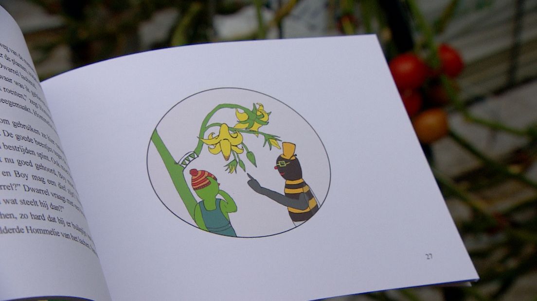 Een bladzijde uit het kinderboek 'Dwarrel neemt een kijkje in de tomatenkas'