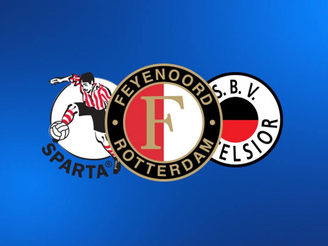 De logo's van Sparta, Feyenoord en Excelsior