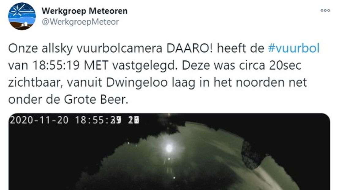 De speciale camera legde vanuit Dwingeloo de vuurbol vast (Rechten: Twitter/Werkgroep Meteoren)