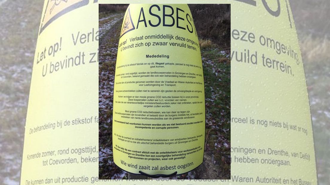 Het gevonden pamflet bij de asbestdump in Meeden