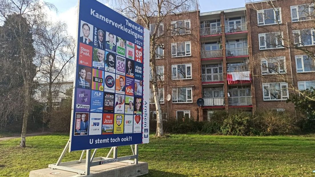 Een verkiezingsbord in Arnhem.