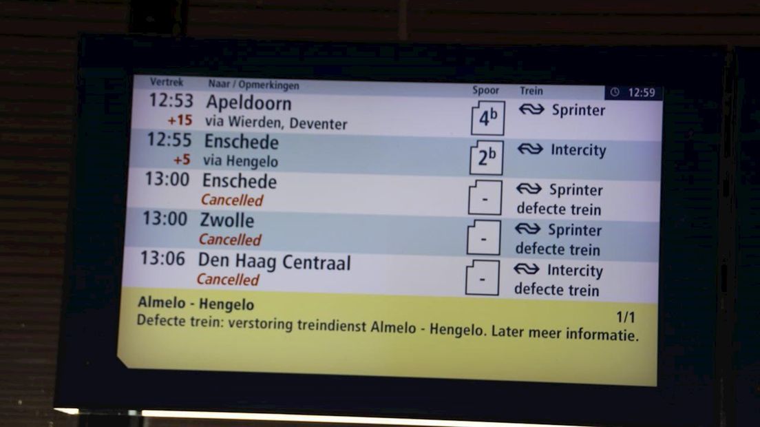 Defecte trein zorgt voor overlast op het spoor tussen Deventer en Enschede