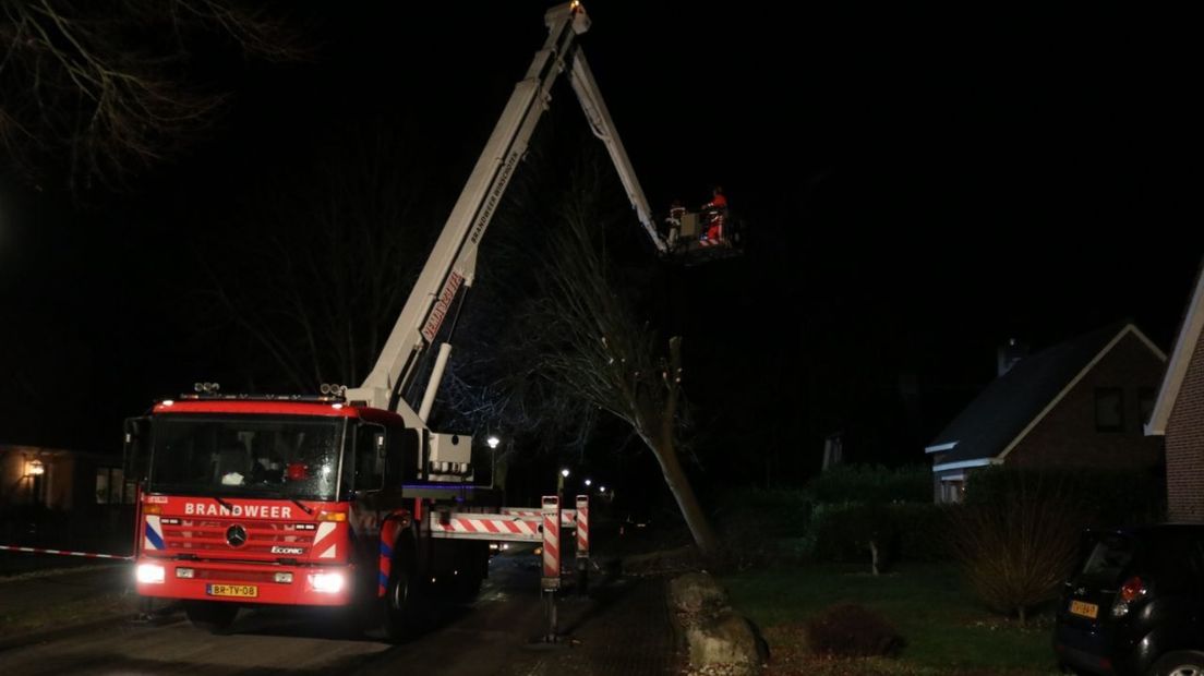 De brandweer neemt de scheef hangende boom onder handen