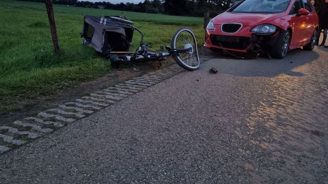 In de karretje achter de fiets zat een hond.