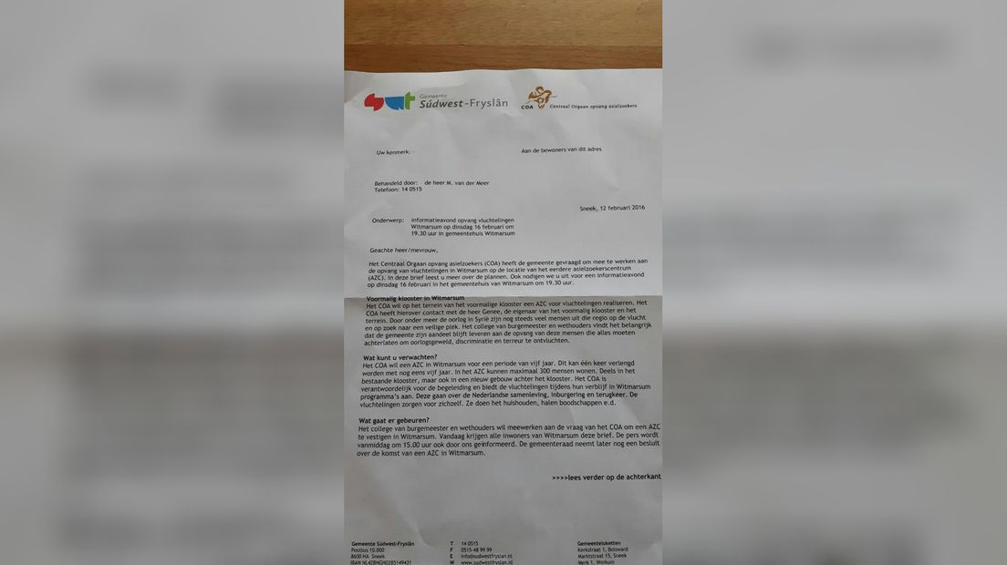 De brief fan de gemeente oer it azc yn Wytmarsum