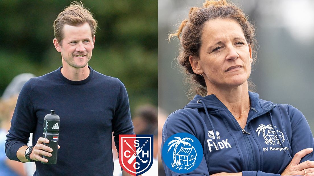 SCHC-coach Lucas Judge (links) en Kampong-coach Fleur van de Kieft (rechts)
