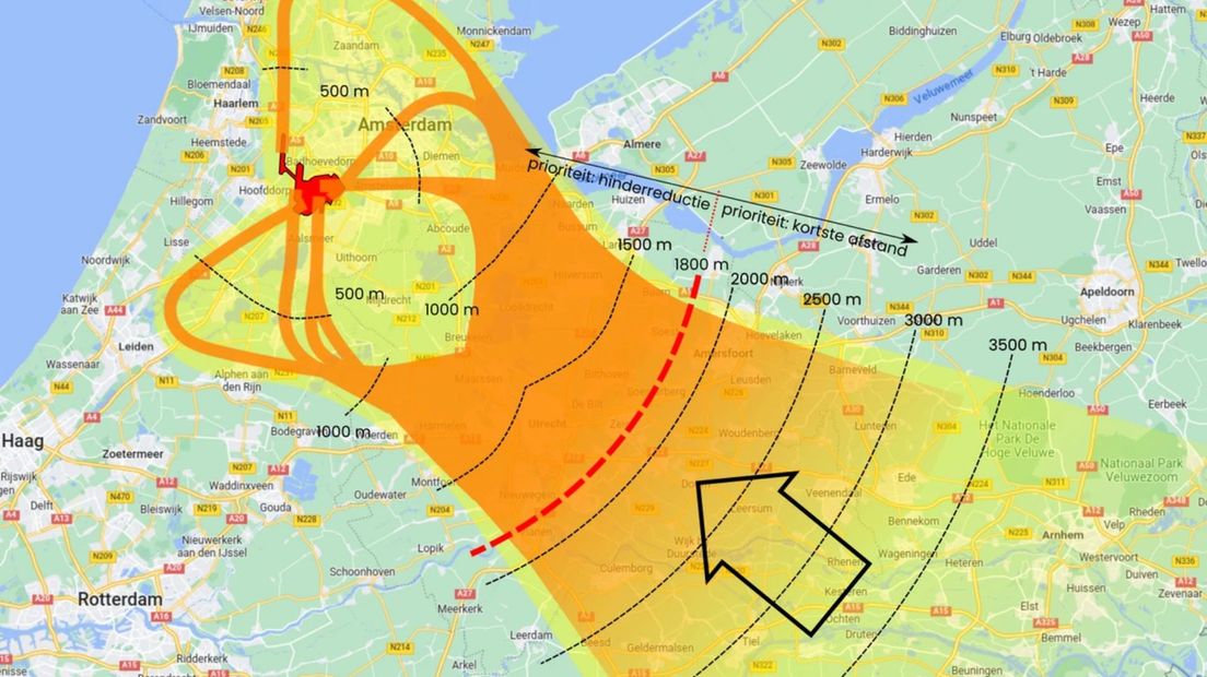 De mogelijk nieuwe aanvliegroute naar Schiphol, de "Vierde Baan" gaat pal over Gelderland