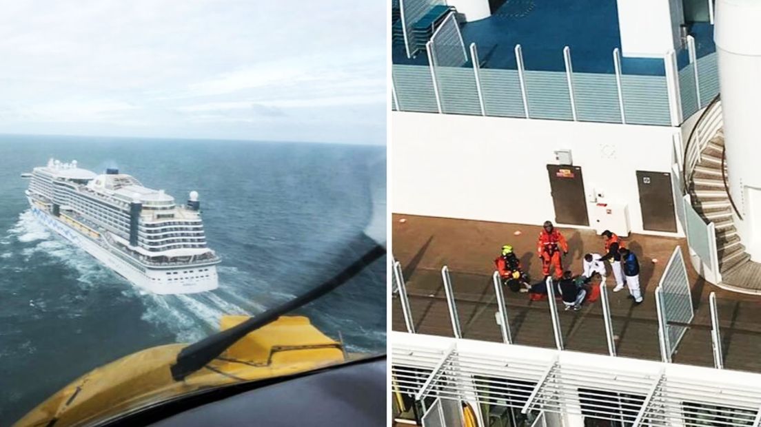 Medewerkers van de kustwacht helpen een zieke passagier op een cruiseschip