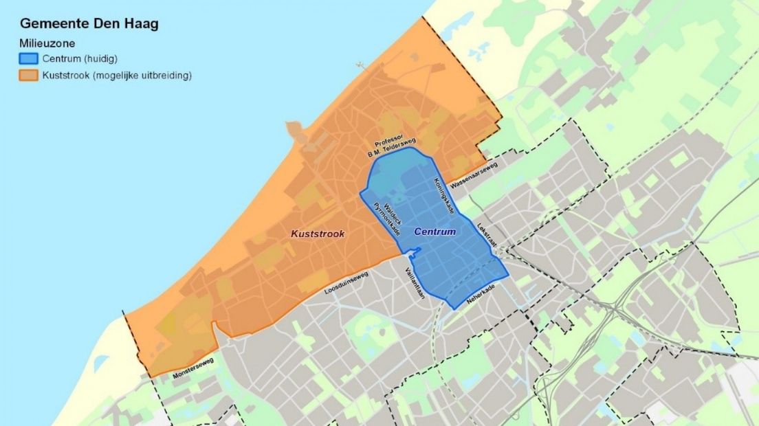 De toekomstige milieuzones: oranje aan de kust (2026) en blauw in het centrum (2025) | Afbeelding: gemeente Den Haag