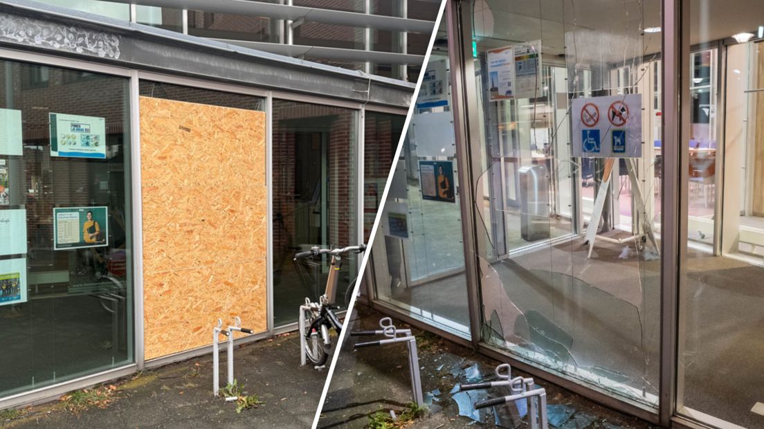 Het gemeentehuis is dichtgetimmerd (links), de situatie gisteravond (rechts)