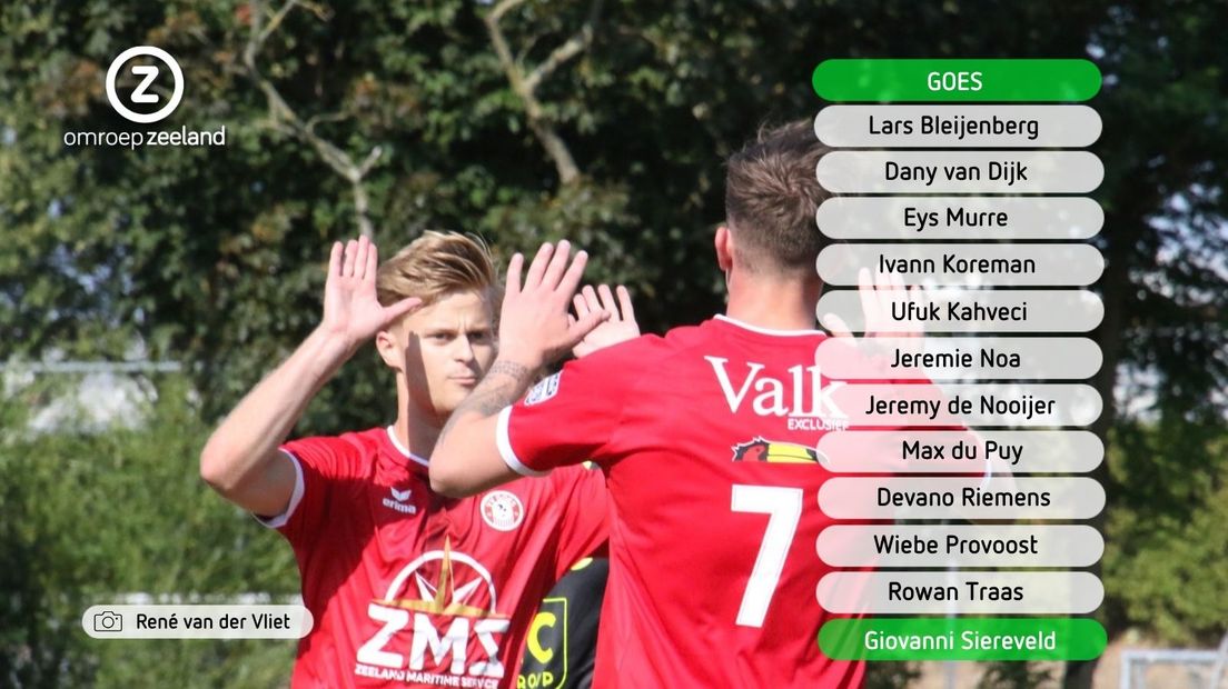 De opstelling van GOES voor de uitwedstrijd bij Poortugaal