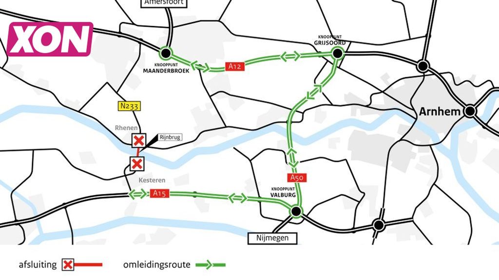 Omleidingsroutes N233 Rijnbrug. Foto: Rijkswaterstaat Omleidingsroutes N233 Rijnbrug. Foto: Rijkswaterstaat