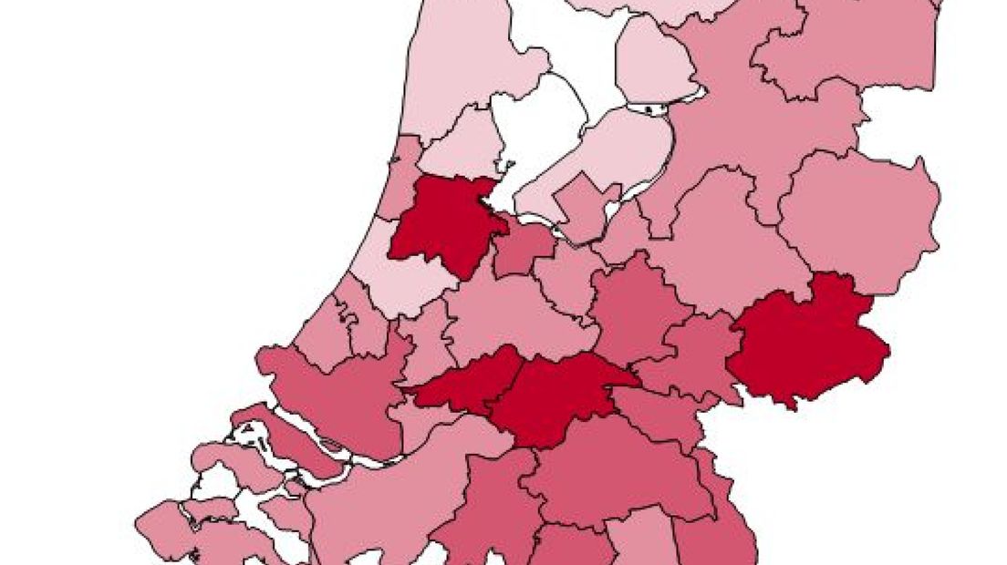 Ontwikkeling WW in Nederland in de periode 2022 - 2023, hoe donkerder hoe meer WW-uitkeringen.