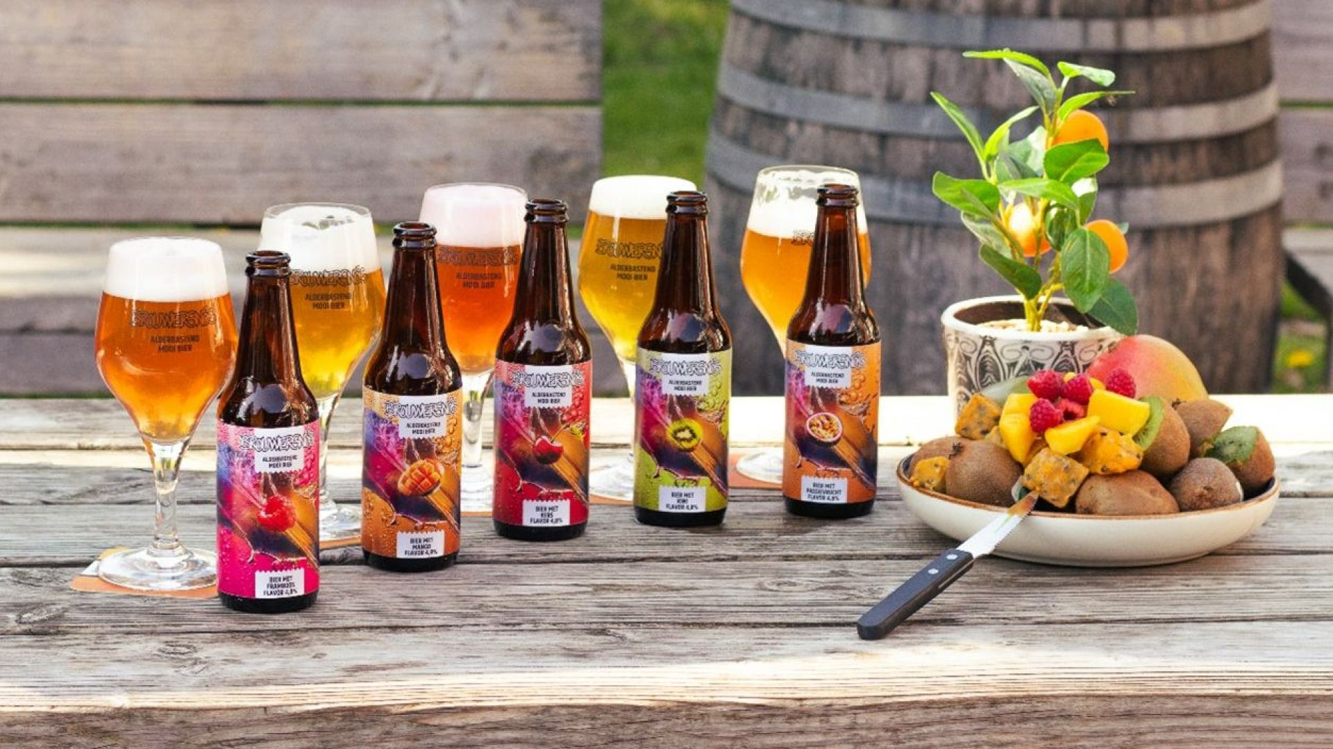 De vijf Brouwersnös bieren (4,8% alc) met verschillende fruitflavours.