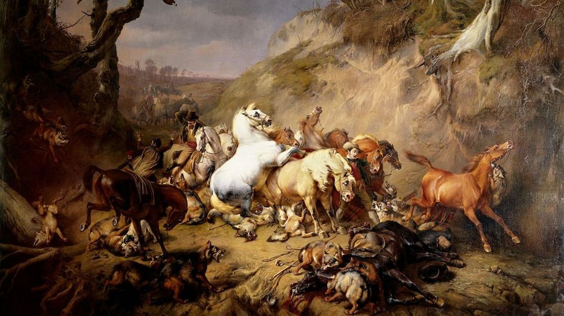 Hongerige wolven overvallen een groep ruiters (schilderij uit 1836).