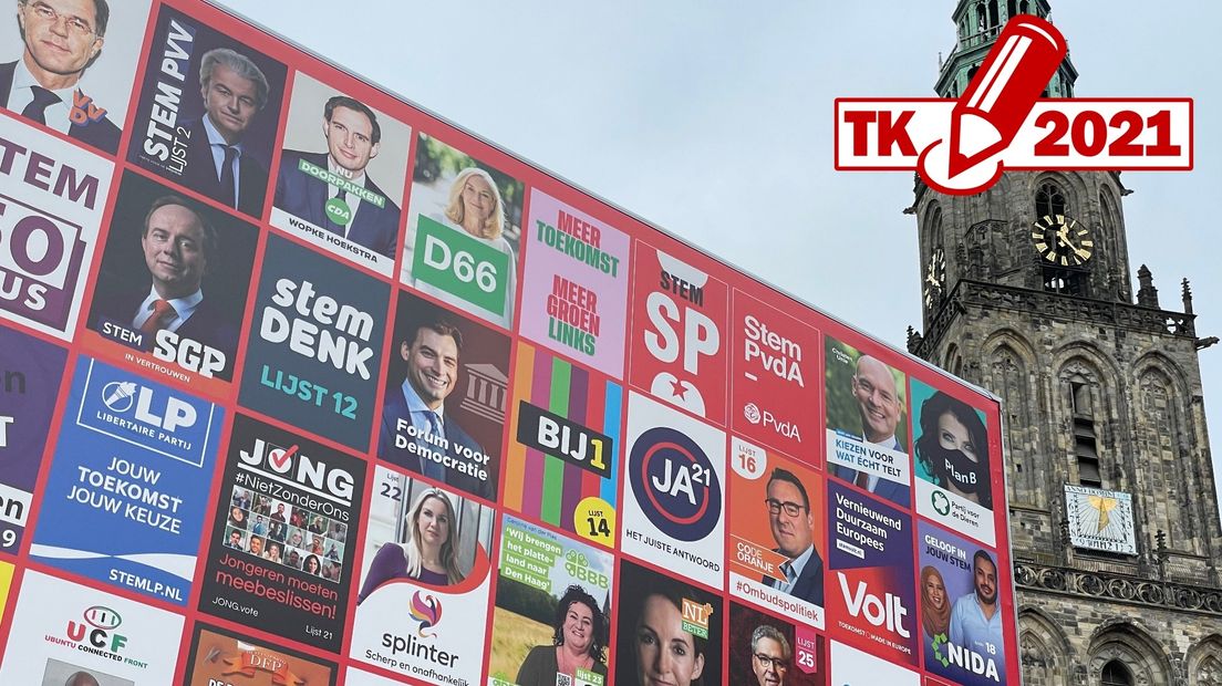 Een verkiezingsbord op de Grote Markt in Groningen