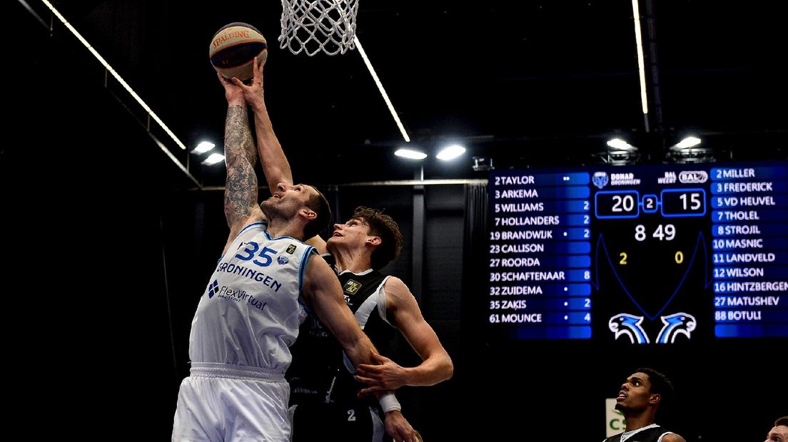 Ronalds Zakis duelleert onder de basket met BAL-speler Walker Miller