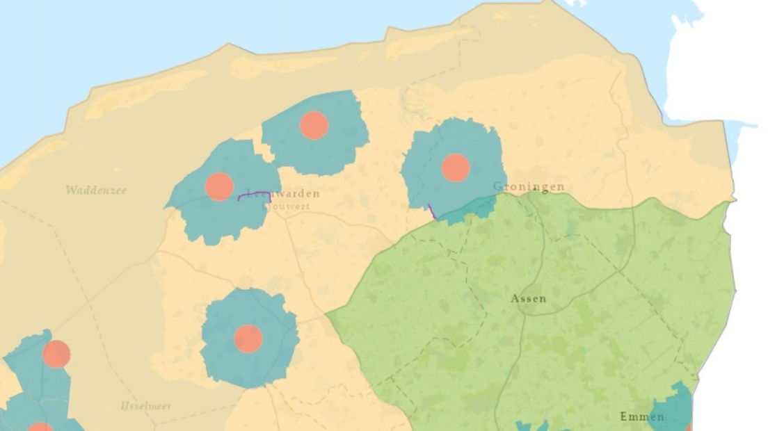 Een kaart met het beperkingsgebied voor mensen die 'risicovogels' houden