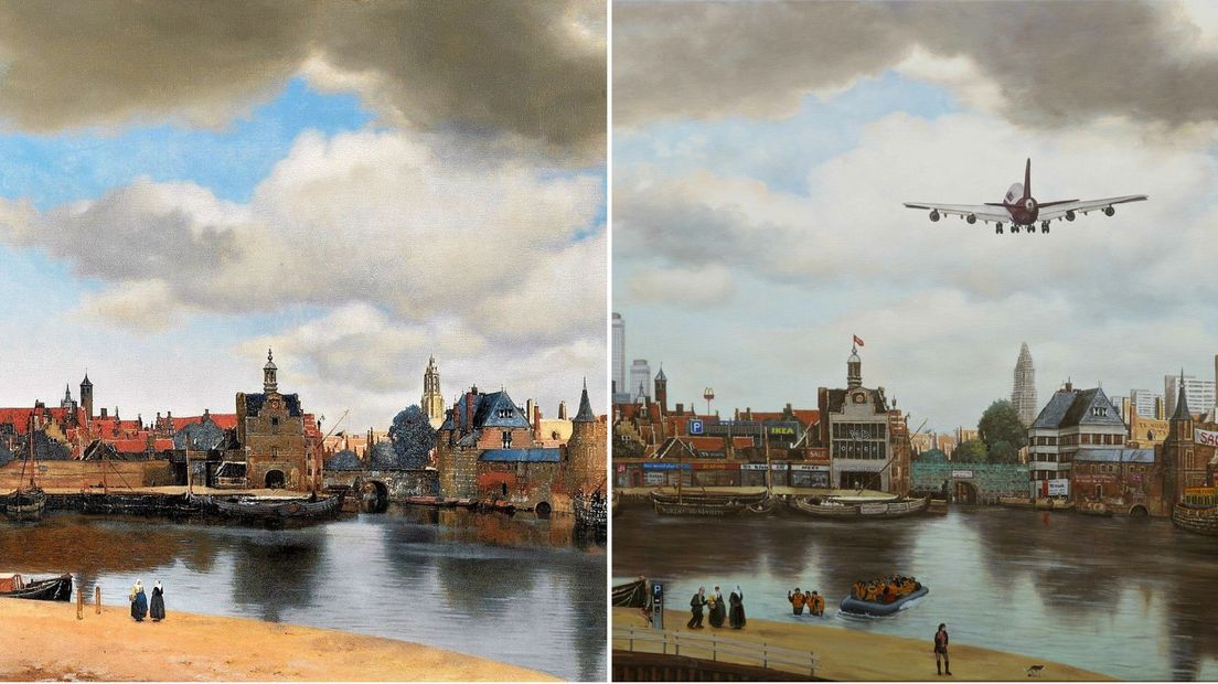 Rechts (een deel van) het parodieschilderij van René, links het origineel van Vermeer