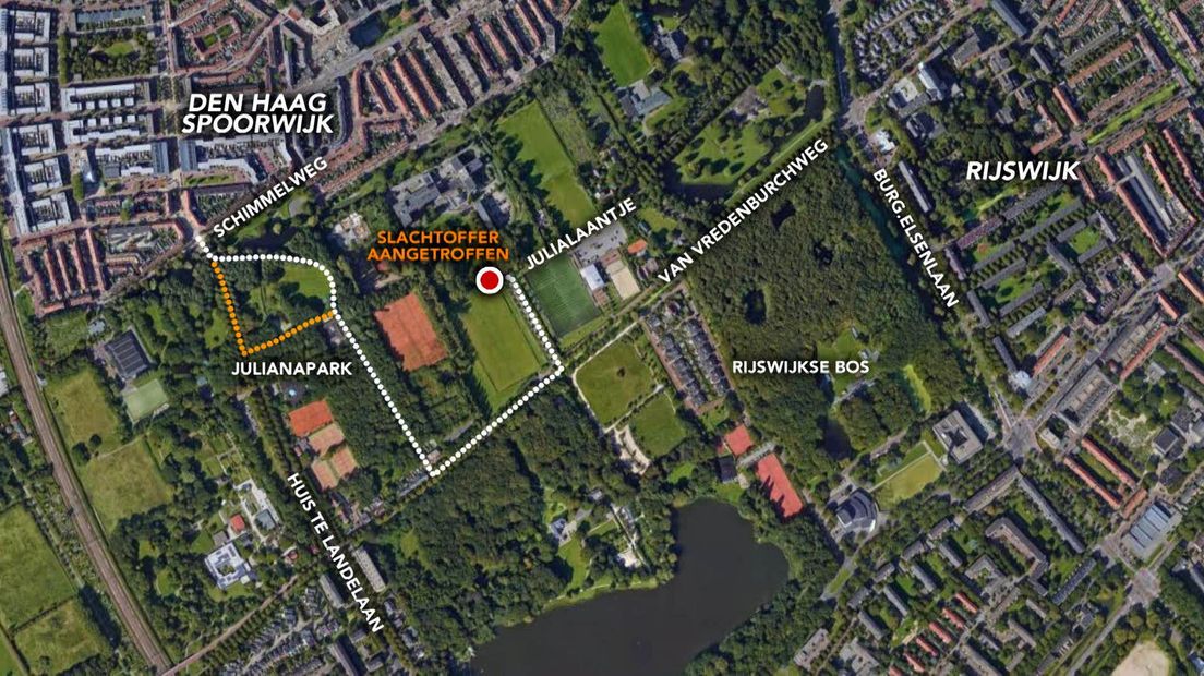De meest waarschijnlijke looproute (witte lijn) en de tweede optie (oranje lijn)