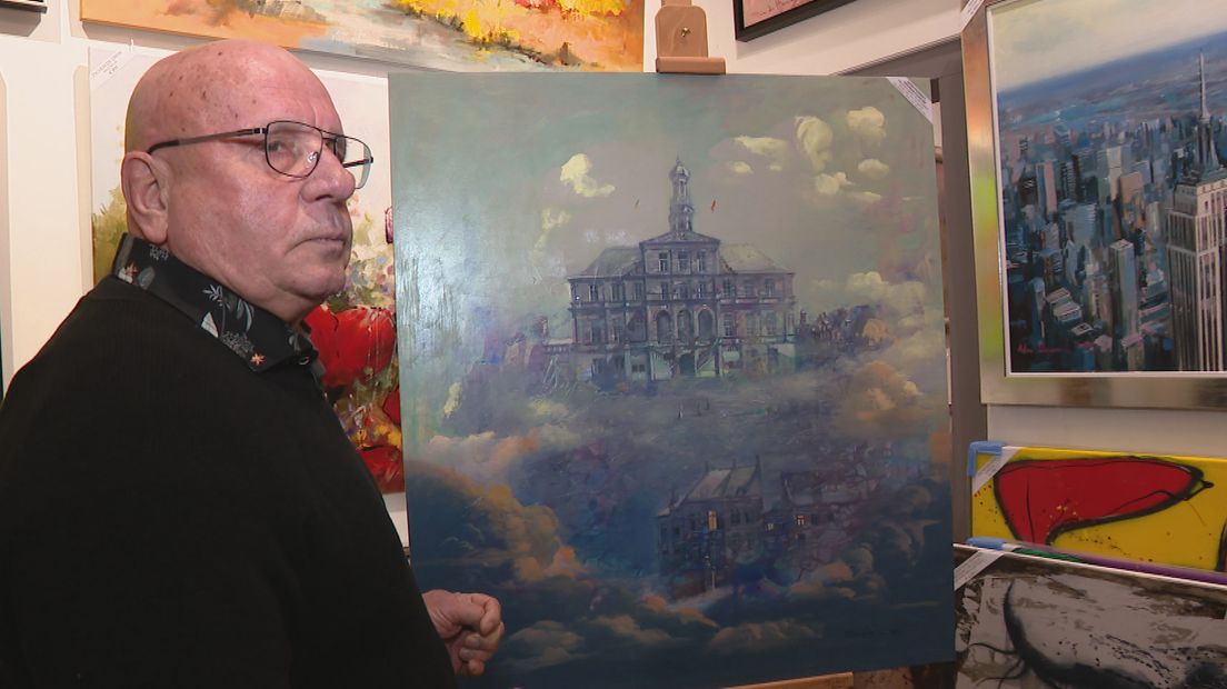 Jan Krapels bij een schilderij van Artem Pogribnyy
