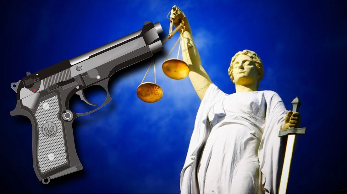 Een foto van vrouwe Justitia en een pistool, niet het pistool in kwestie