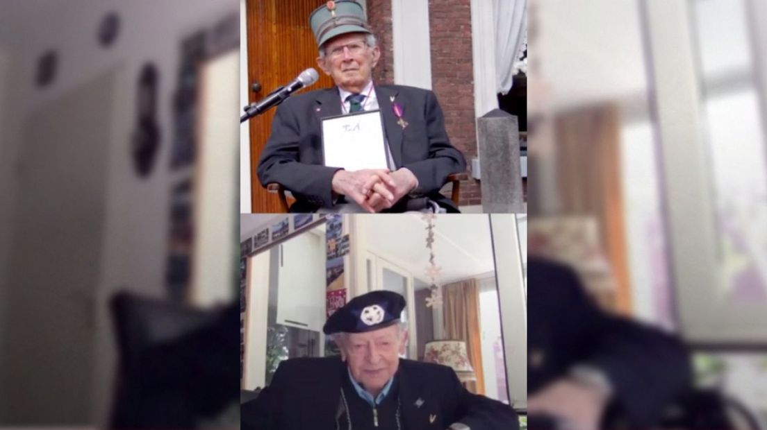 Veteranen Paul Moerman (boven) uit Leiden en Klaas Appel kijken de herdenking