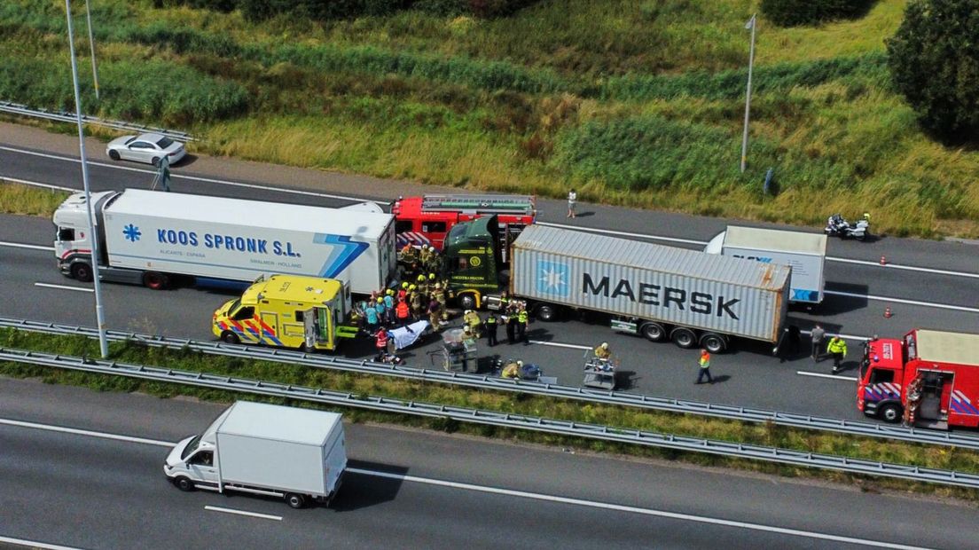 Car Becomes Trapped between Two Trucks on A15 at Gorinchem Junction