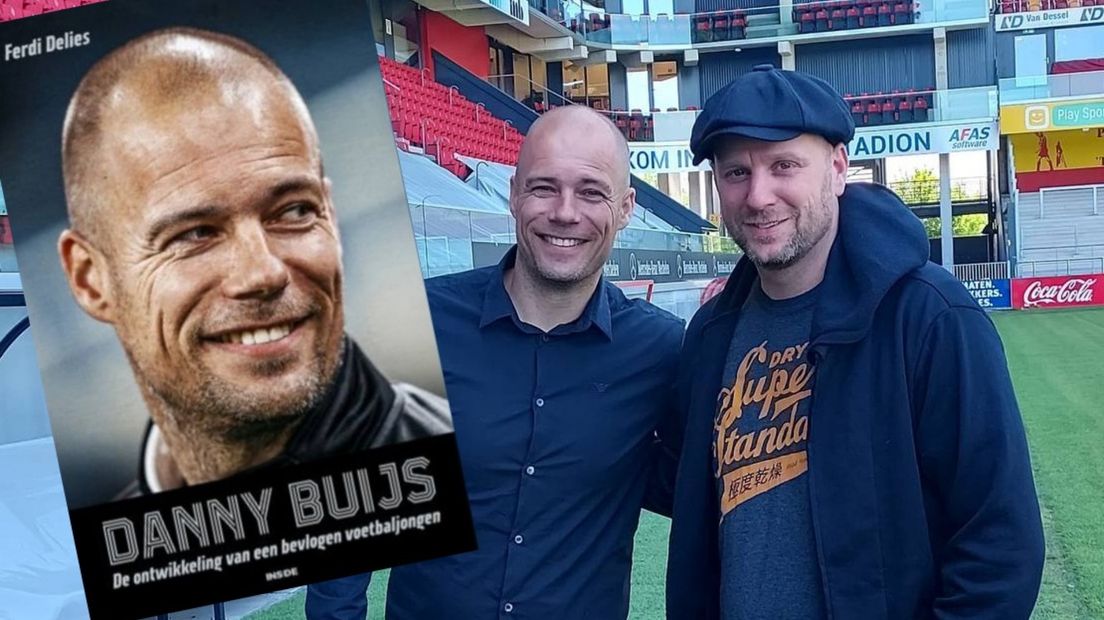 Danny Buijs en Ferdi Delies in het stadion van KV Mechelen. Inzet: de cover van de biografie