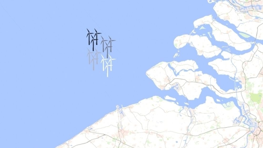 De locatie van het windpark Borssele 22 kilometer uit de Zeeuwse kust.
