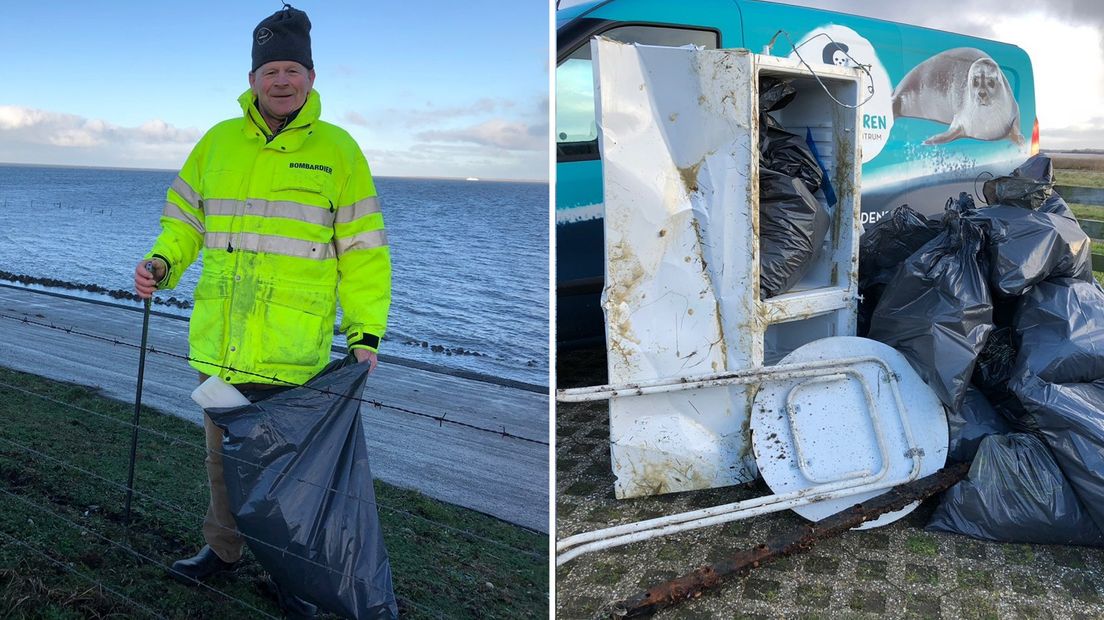 Henk Honing op de dijk bij Lauwersoog