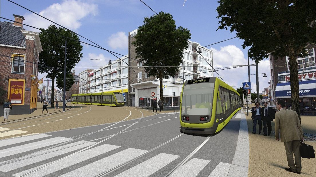 Zo zagen de plannen er uit voor een tram op de hoek Zuiderdiep en Oosterstraat