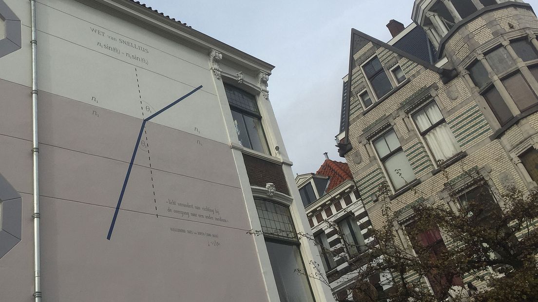De wet van Snellius op een muur in Leiden