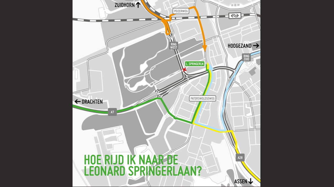 Een plattegrond van de omleidingen naar de Leonard Springerlaan