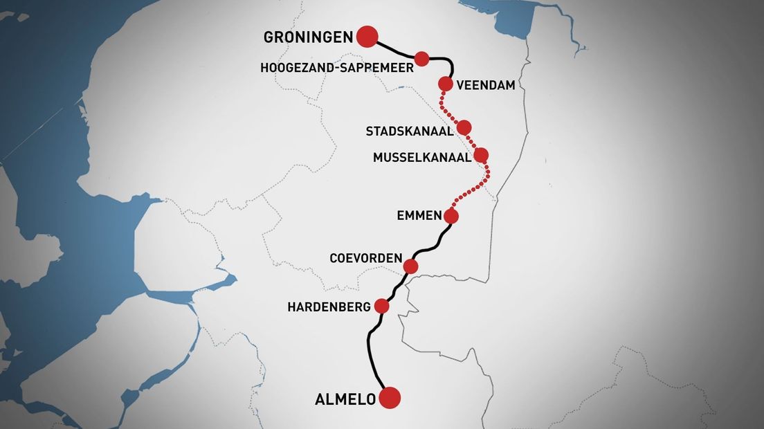 Het beoogde traject van de Nedersaksenlijn getekend in 2019: vooral een stoptrein