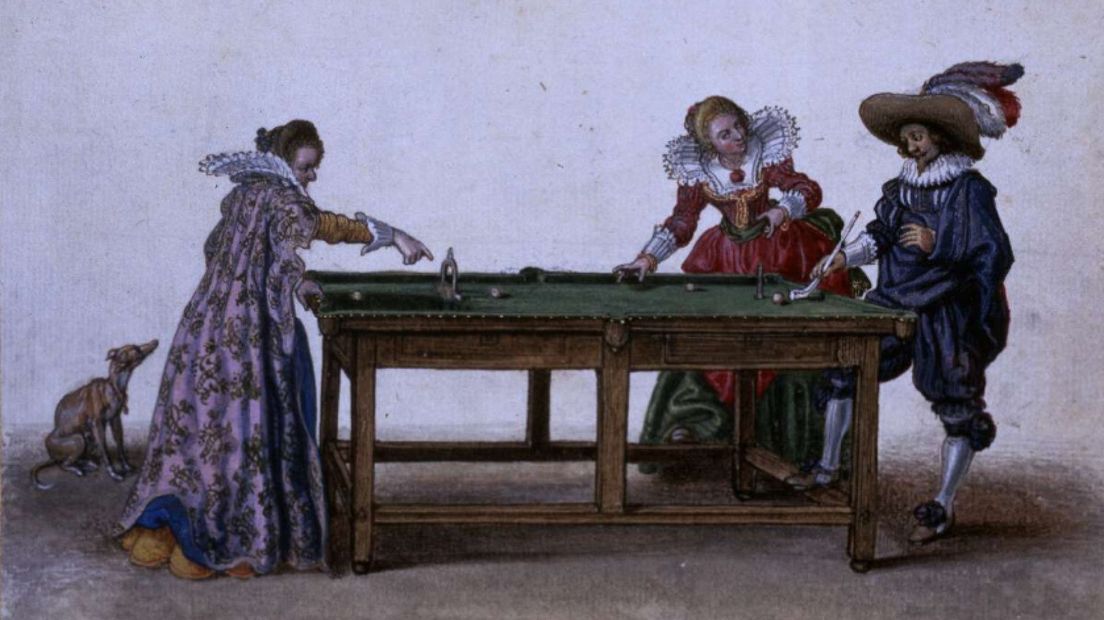 Frederik-Hendrik (rechts) speelt 'biljart' met zijn vrouw en de Winterkoningin (links)